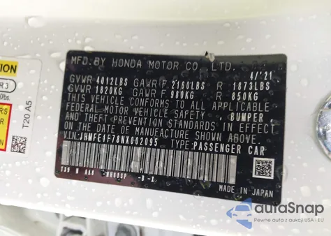 2022 Honda Civic Ex z USA, uszkodzony, nr VIN JHMFE1F78NX002095